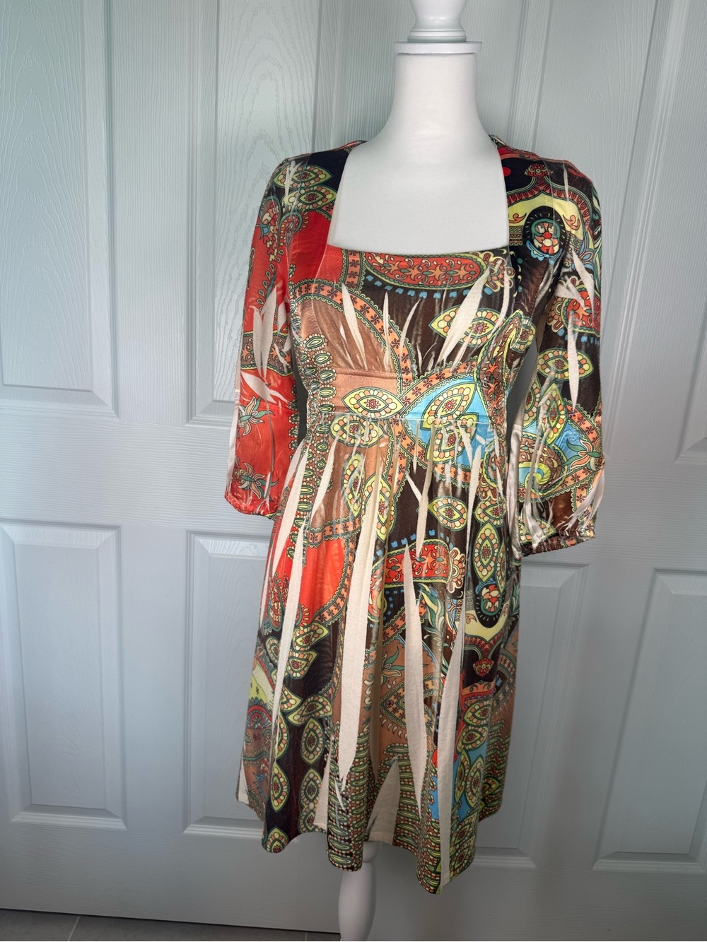 Y2K Paisley Dress Boho Cottagecore Fall Square Neck Empire Waist 3/4 Sleeve